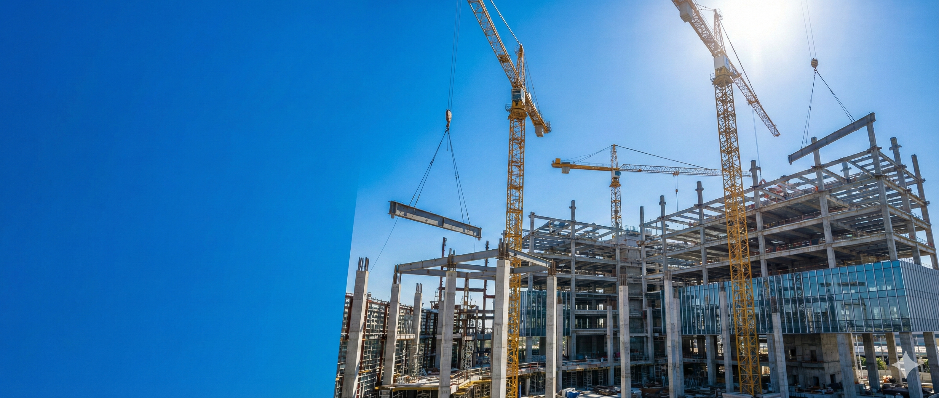 Dynamic construction site with cranes and city skyline at sunset